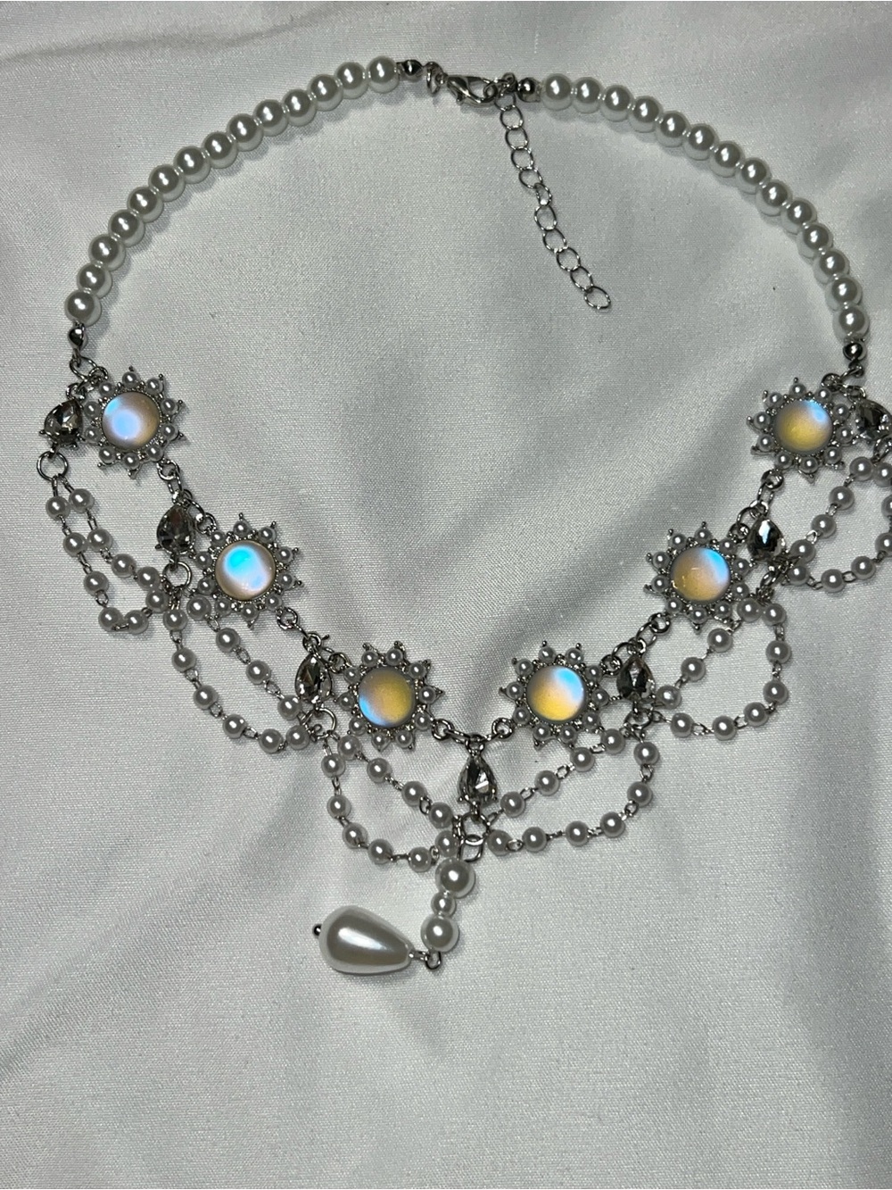 Elegant White Pearl & Opal-Effect Statement Necklace